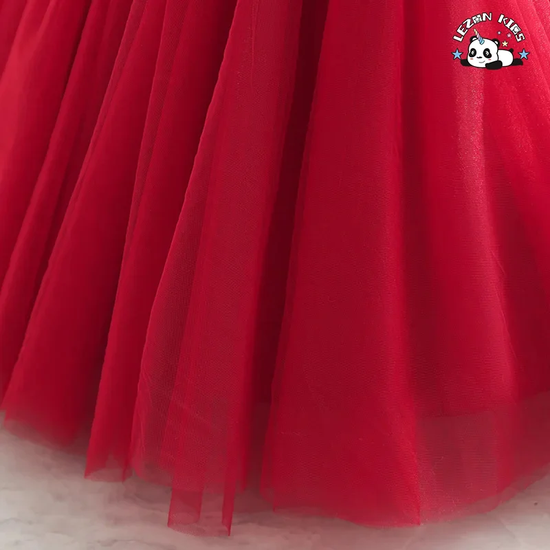 LEZONKIDS - Vestido Luxuoso Vermelho de Manga Curta com Lantejoulas para Meninas, para Casamento de Verão